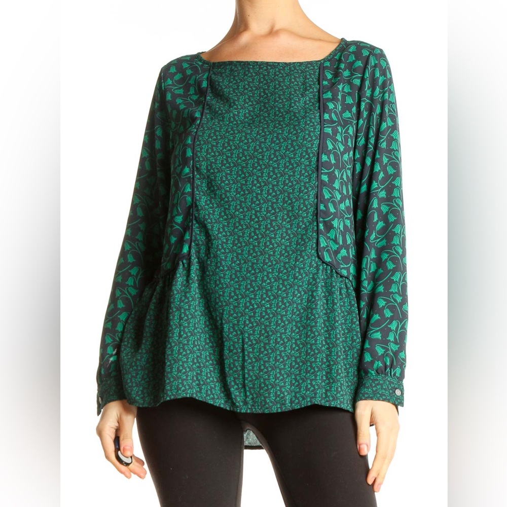 Ann Taylor  LOFT  Navy & Green Floral Long Sleeve Blouse Top Womens Size X…